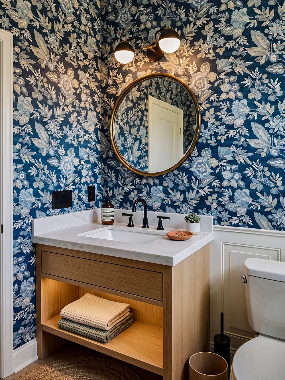 Navy floral wallpaper installation in a Del Mar bathroom vanity with marble countertop