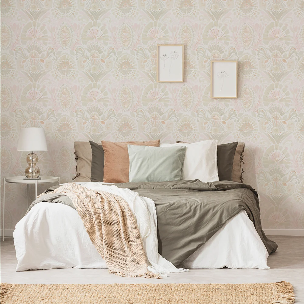 Bohemia peel and stick damask wallpaper installation in a bedroom — soft watercolor floral pattern