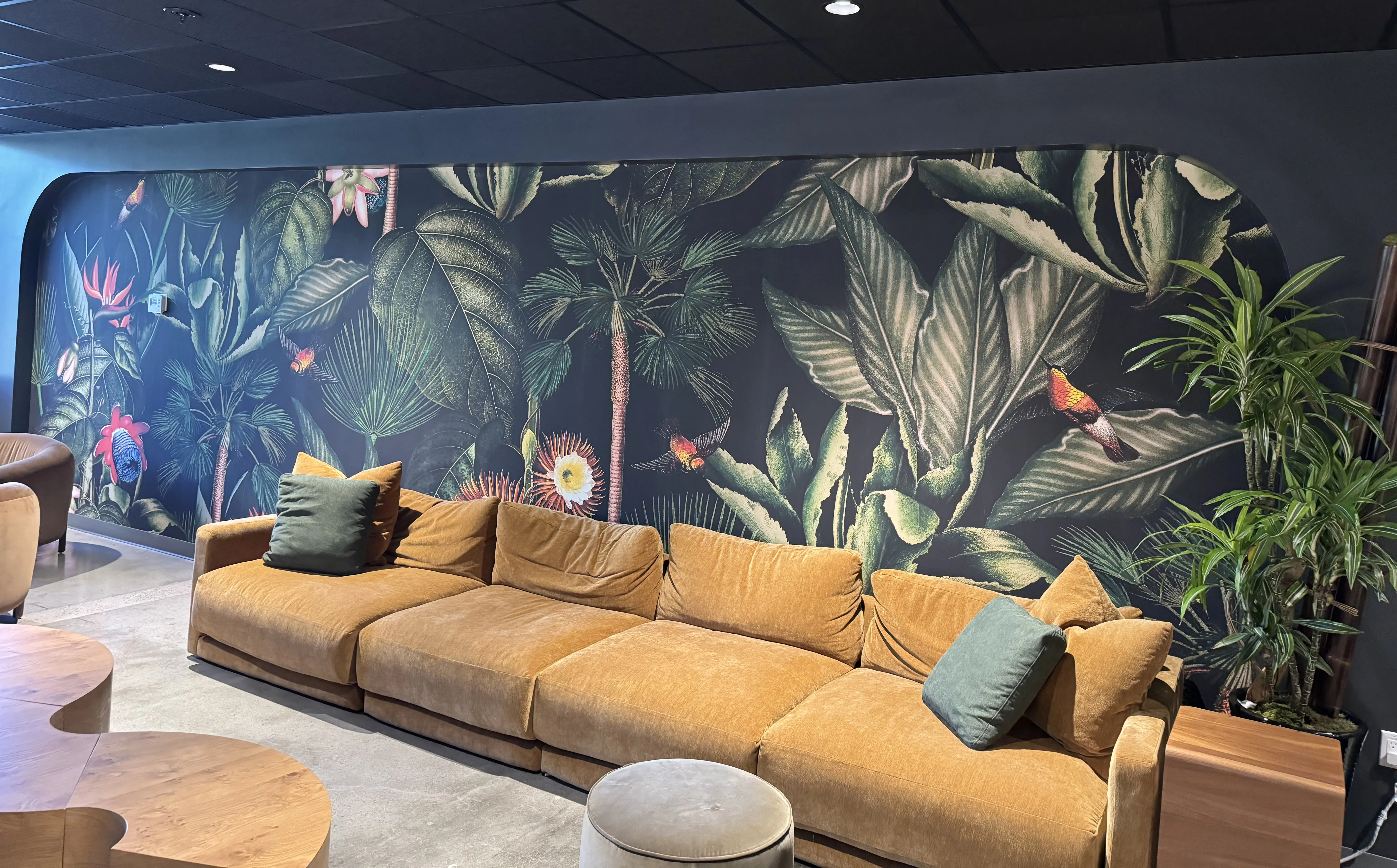 Tropical mural wallpaper installation in a Long Beach office lounge