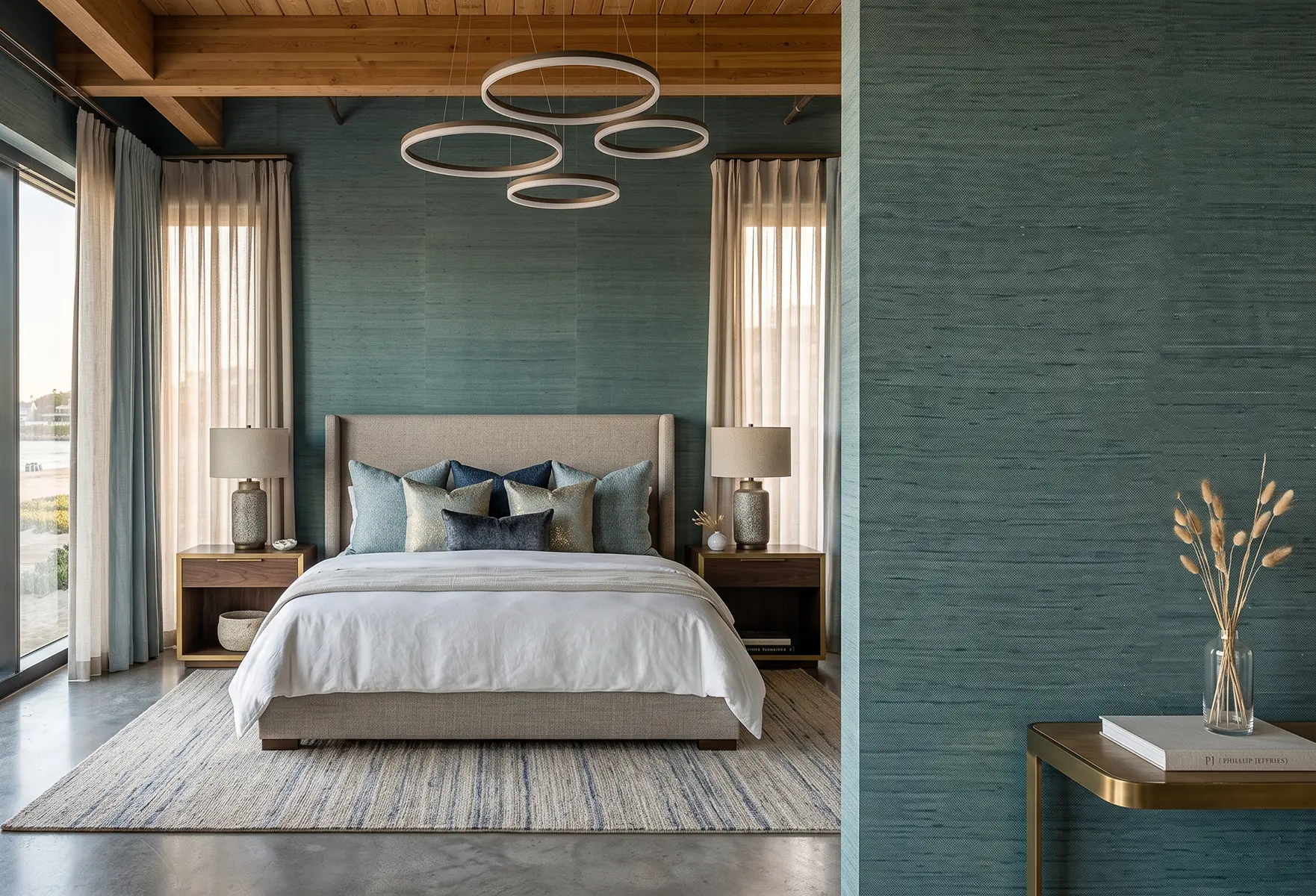 Phillip Jeffries grasscloth wallpaper installation in a Long Beach bedroom