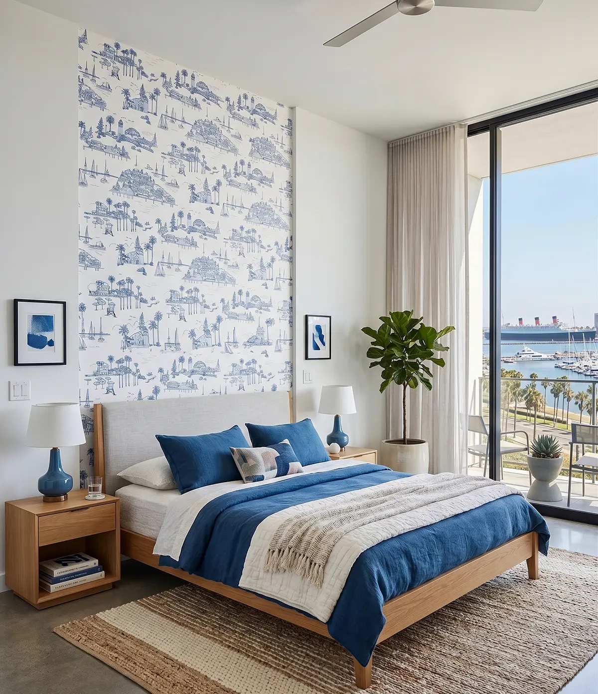 Coastal wallpaper mural installation in a Long Beach living room