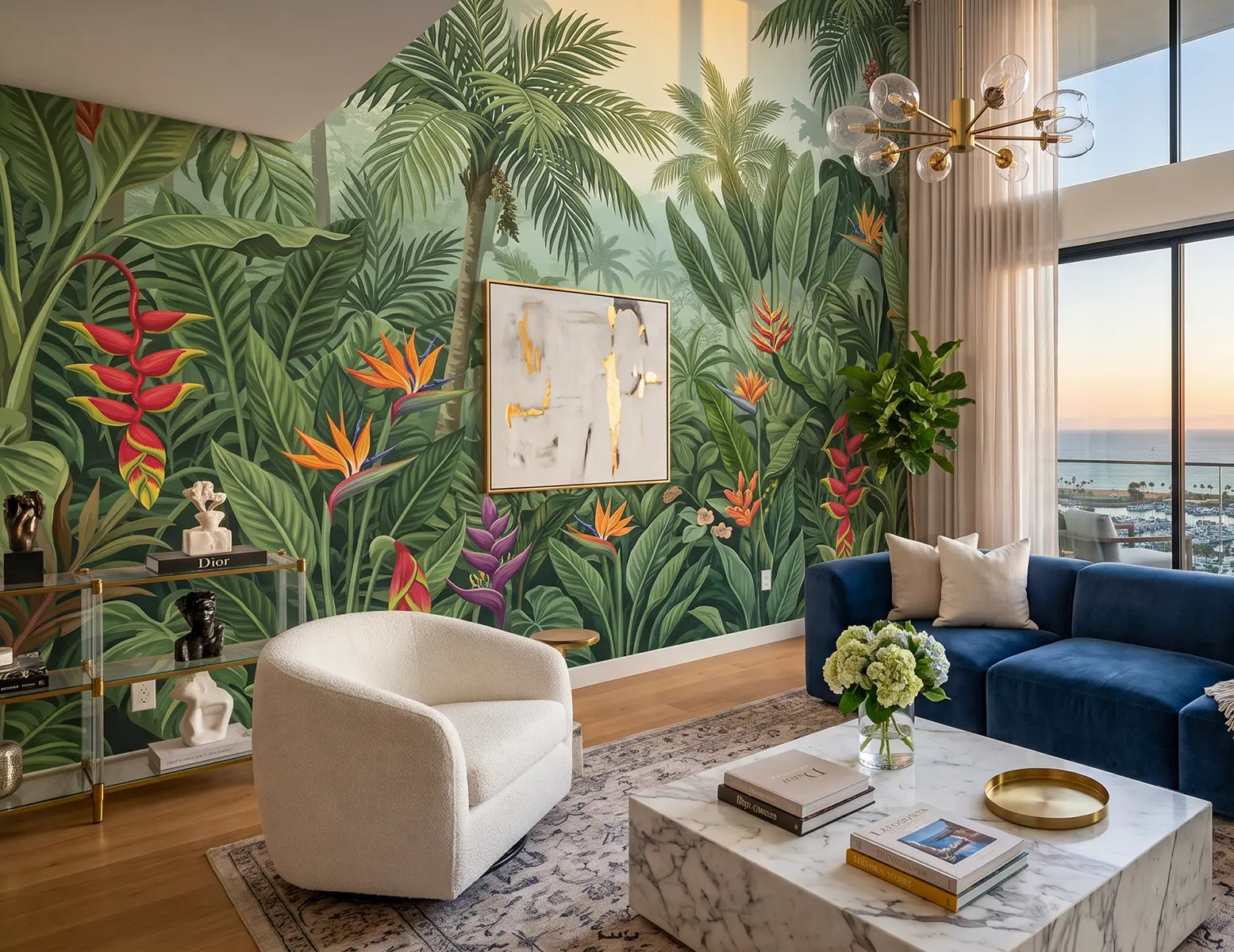 Coastal wallpaper mural installation in a Long Beach living room