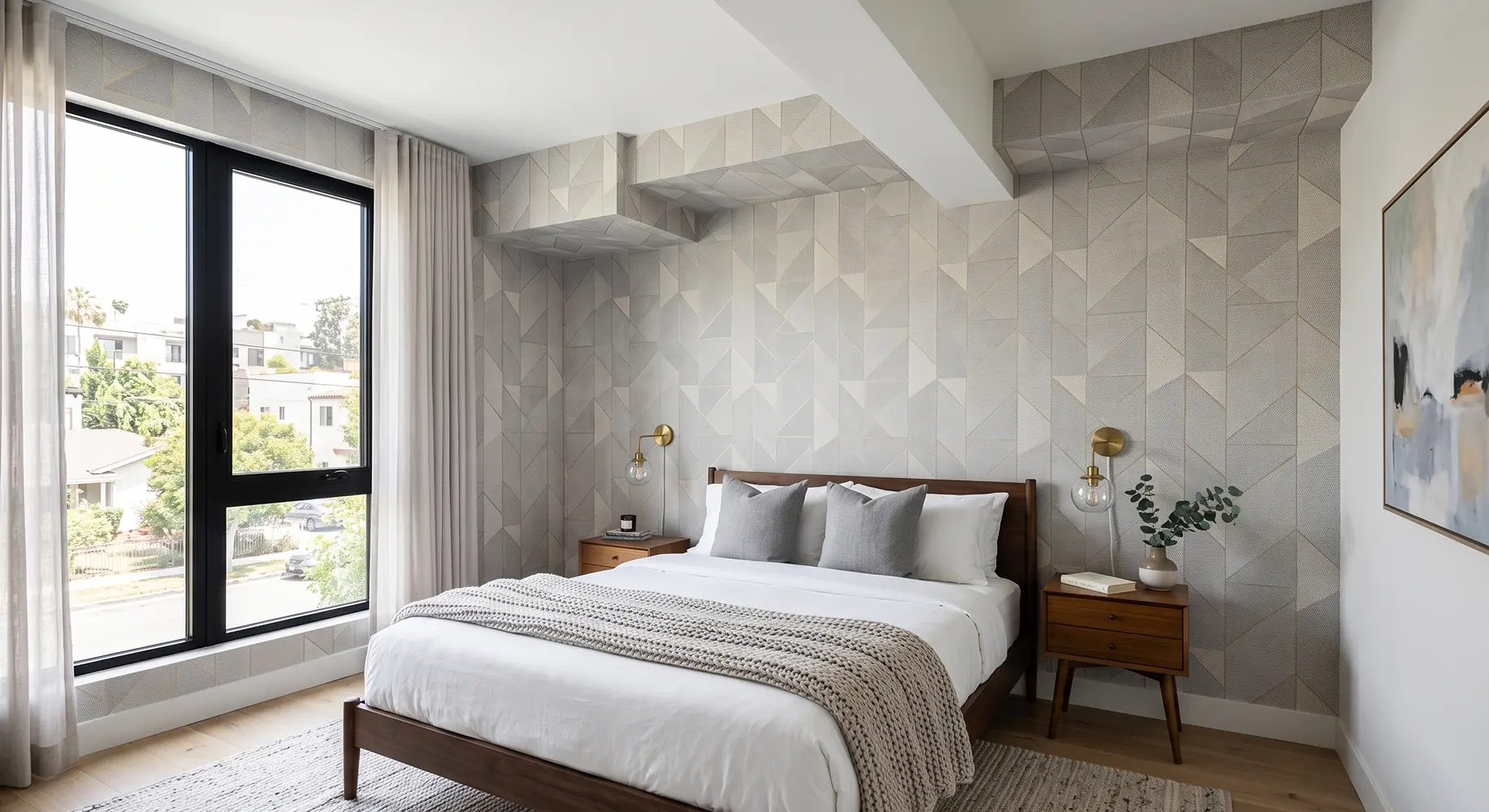 Residential wallpaper installation in a Los Angeles County bedroom