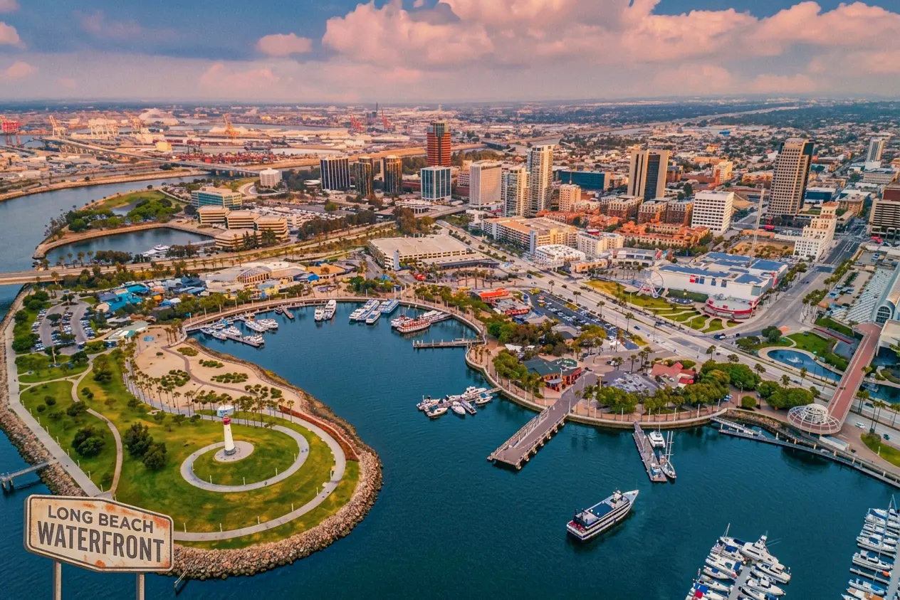 Aerial view of the Long Beach waterfront in Los Angeles County, California