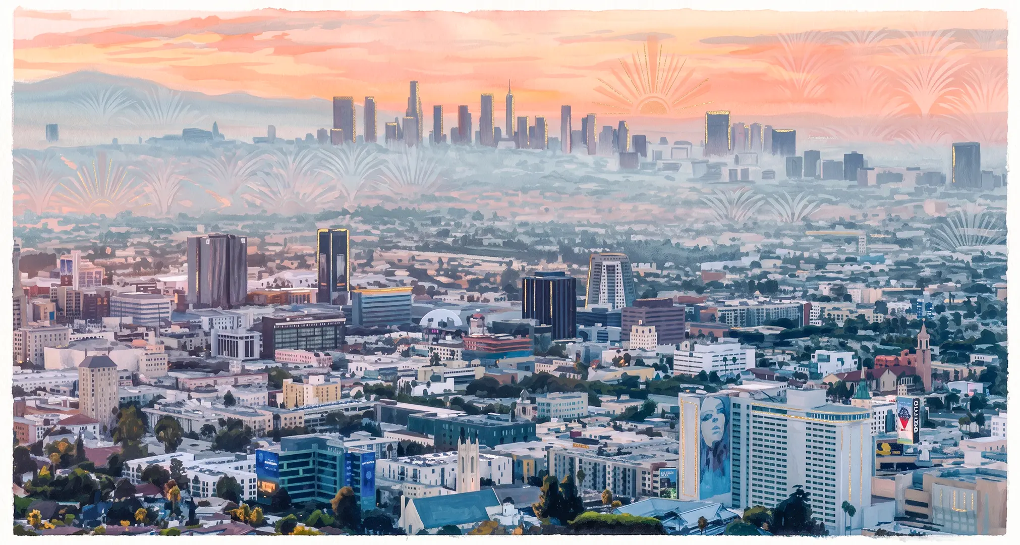 Illustrated view of Los Angeles, California, where Wallpapering Studio provides wallpaper installation