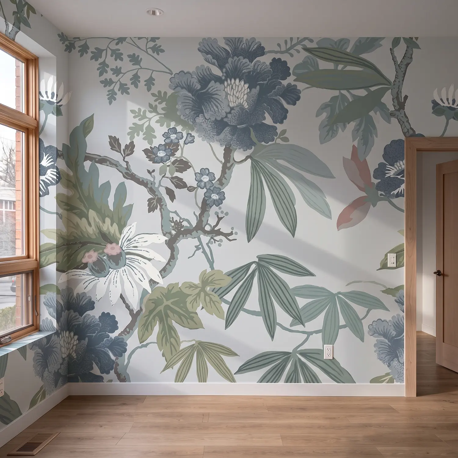 Installed botanical luxury wallpaper mural on a smooth prepared wall