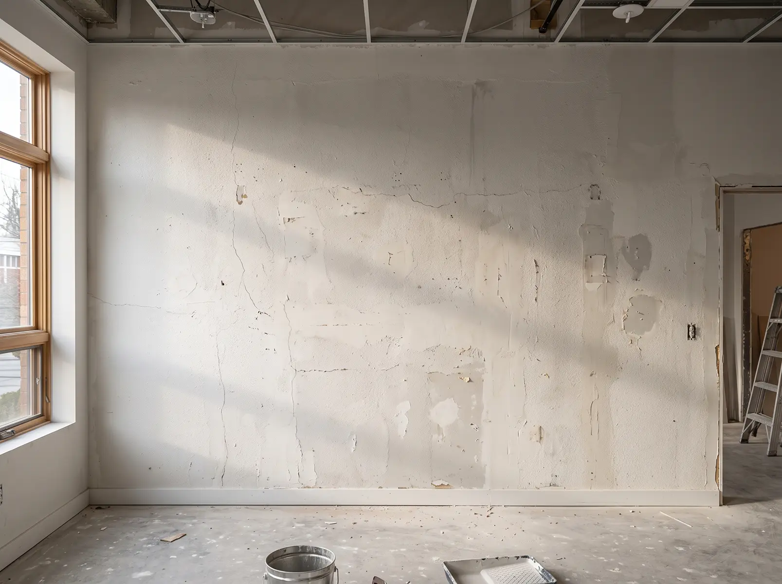 Textured orange peel and knockdown drywall before wallpaper preparation